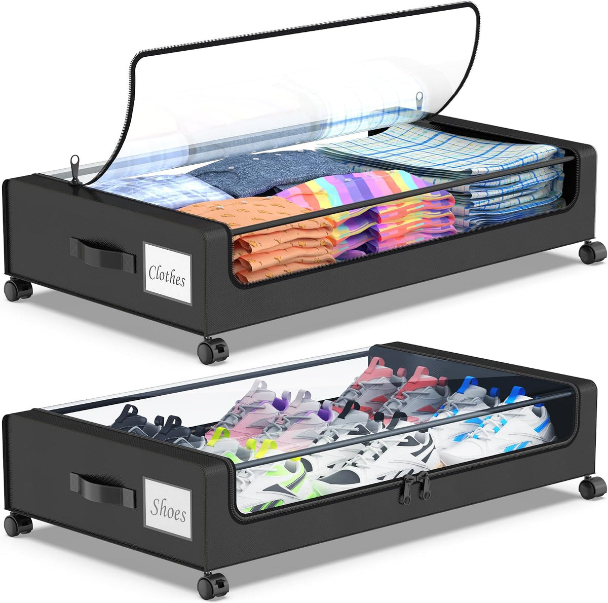 Beborxue Under Bed Storage with Wheels, 2-Pack, Black