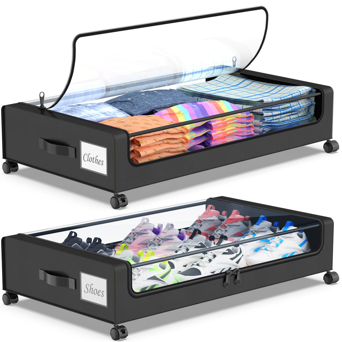Beborxue Under Bed Storage with Wheels, 2-Pack, Black