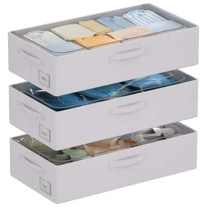 CYhom 3Pcs Under Bed Storage Bins with Metal Frame - Shoe Organizer for Closet with Clear Cover Oxford Fabric Sturdy Underbed Container Foldable Stackable Clothes Organizer (Beige, 23.5x11.8x6.3)