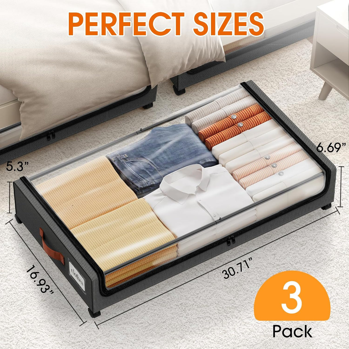 Under Bed Storage with Wheels 3Pack Storage Containers with Clear Window