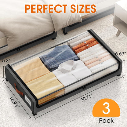 Under Bed Storage with Wheels 3Pack Storage Containers with Clear Window
