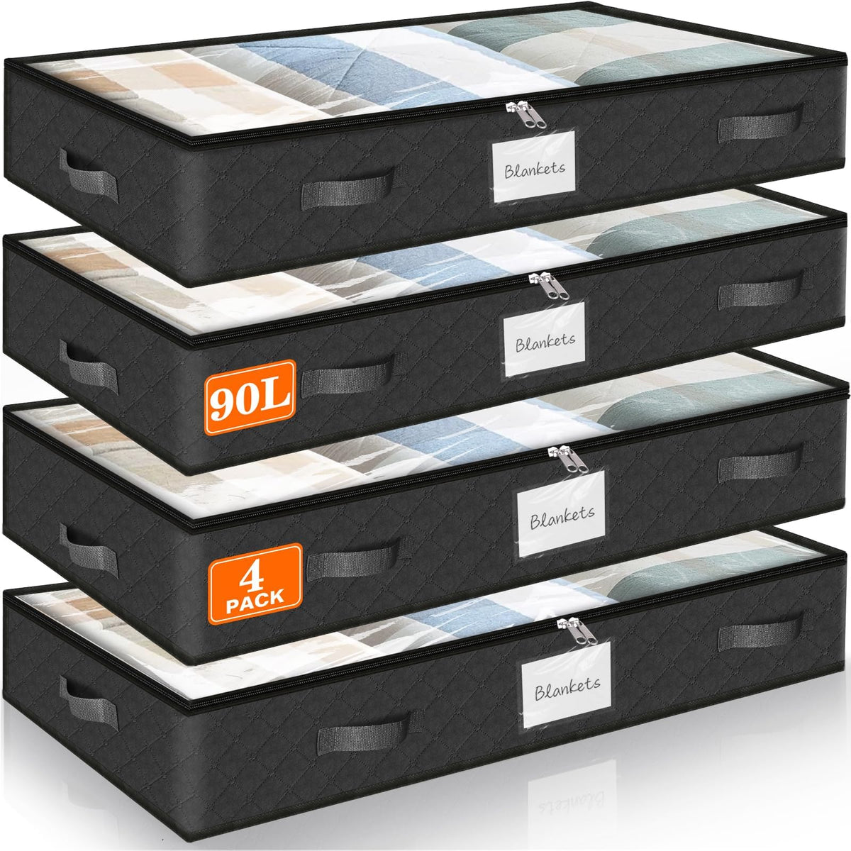 90L Under Bed Storage Containers, Storage Bags, Organizer, 4-Pack, Gray