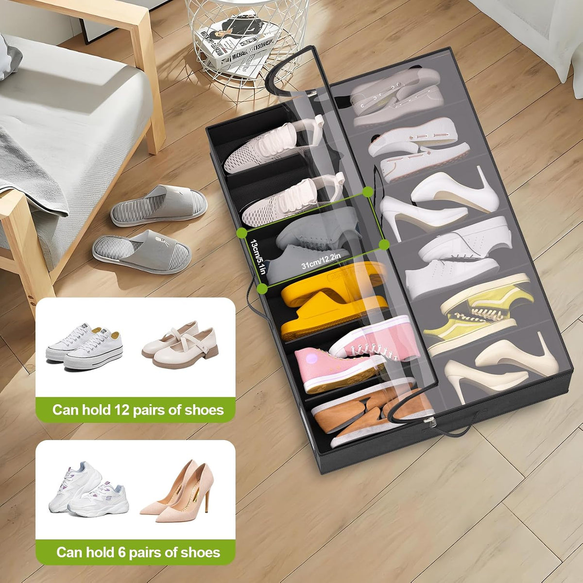 homyfort Under Bed Shoe Storage with Wheels, Fits 24 Pairs, Rolling Shoe Organizer with Bottom Support & Clear Lids, Sturdy Under Bed Storage Box for Shoes, Set of 2, Black