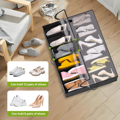 homyfort Under Bed Shoe Storage with Wheels, Fits 24 Pairs, Rolling Shoe Organizer with Bottom Support & Clear Lids, Sturdy Under Bed Storage Box for Shoes, Set of 2, Black