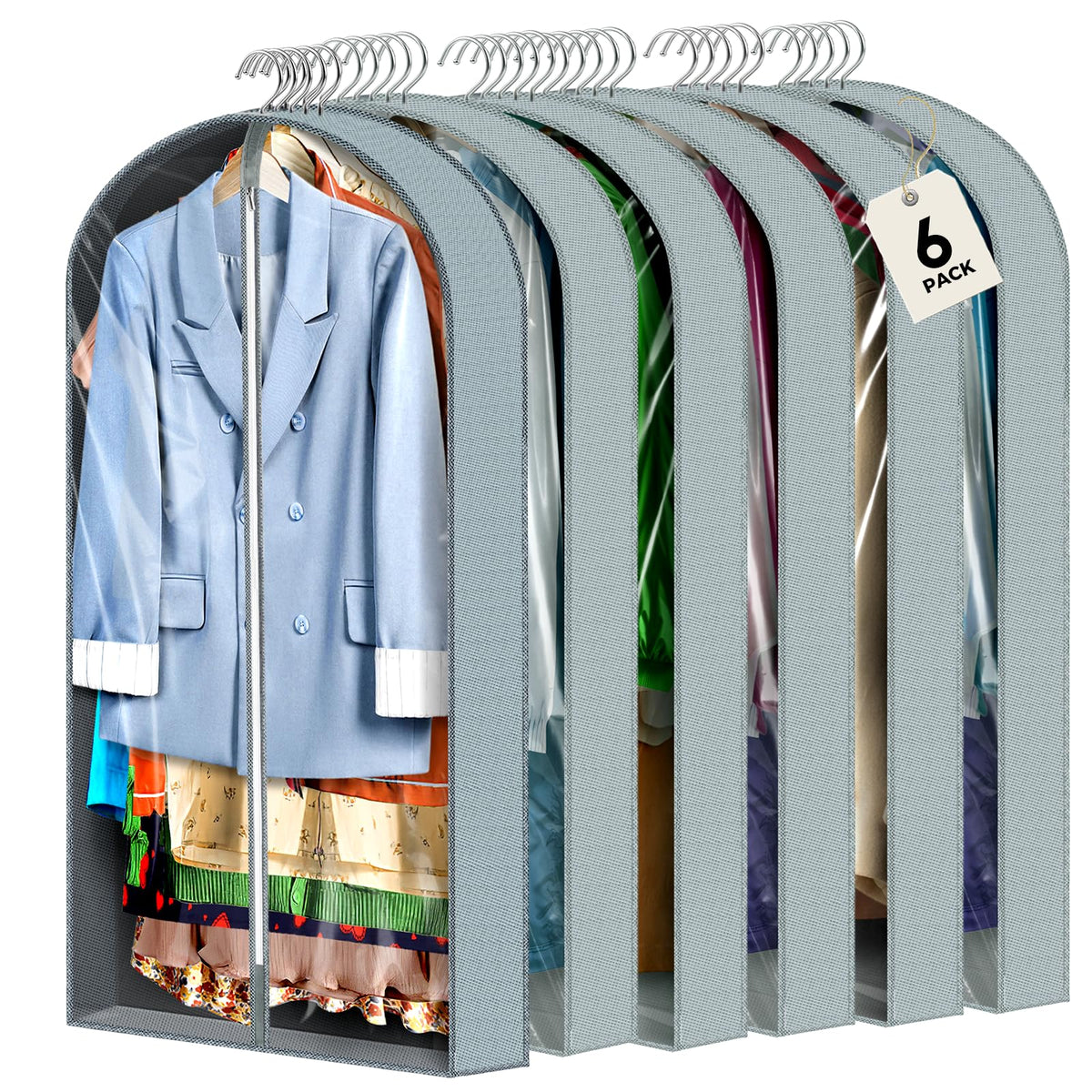 6 Pcs 60" Garment Bags for Hanging Clothes, Clear Suit Bags for Closet Storage Clothing Storage, Garment Bags Shoulder Covers with 4" Gussets for Coats, Jackets, Shirts and Sweater