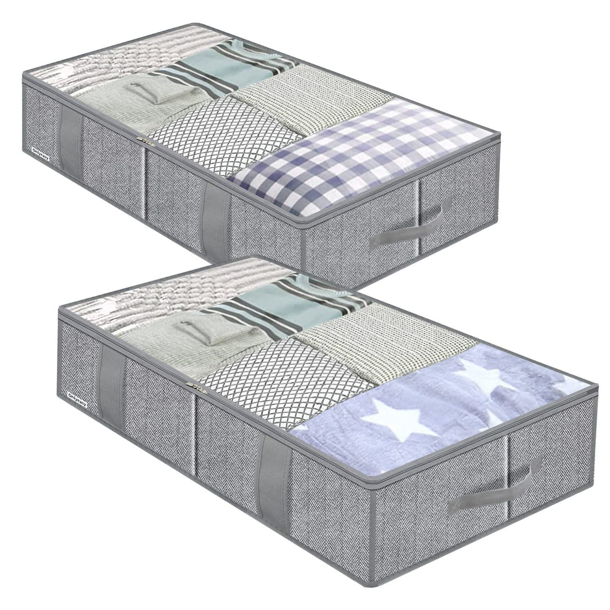 Onlyeasy Foldable Underbed Bags 2 Pack - Blankets Clothes Comforters Storage Bag Breathable Zippered Organizer for Bedroom with Clear Window and 4 Handles, 39.4x19.7x5.9 in, Linen-like Grey, MXDUBBP2