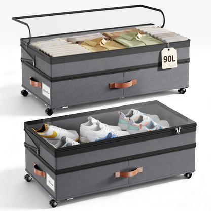 Yecaye 90L Under Bed Storage with Wheels, Height Adjustable, 2 Pack, Grey