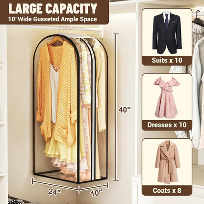 Garment Bags for Hanging Clothes 40” Long, Ultra Clear Suit Bags for Closet Storage, Moving Organization, Travel Covers with 10" Gussets for Coat, Dress, Shirt and Sweater - 2 PCS