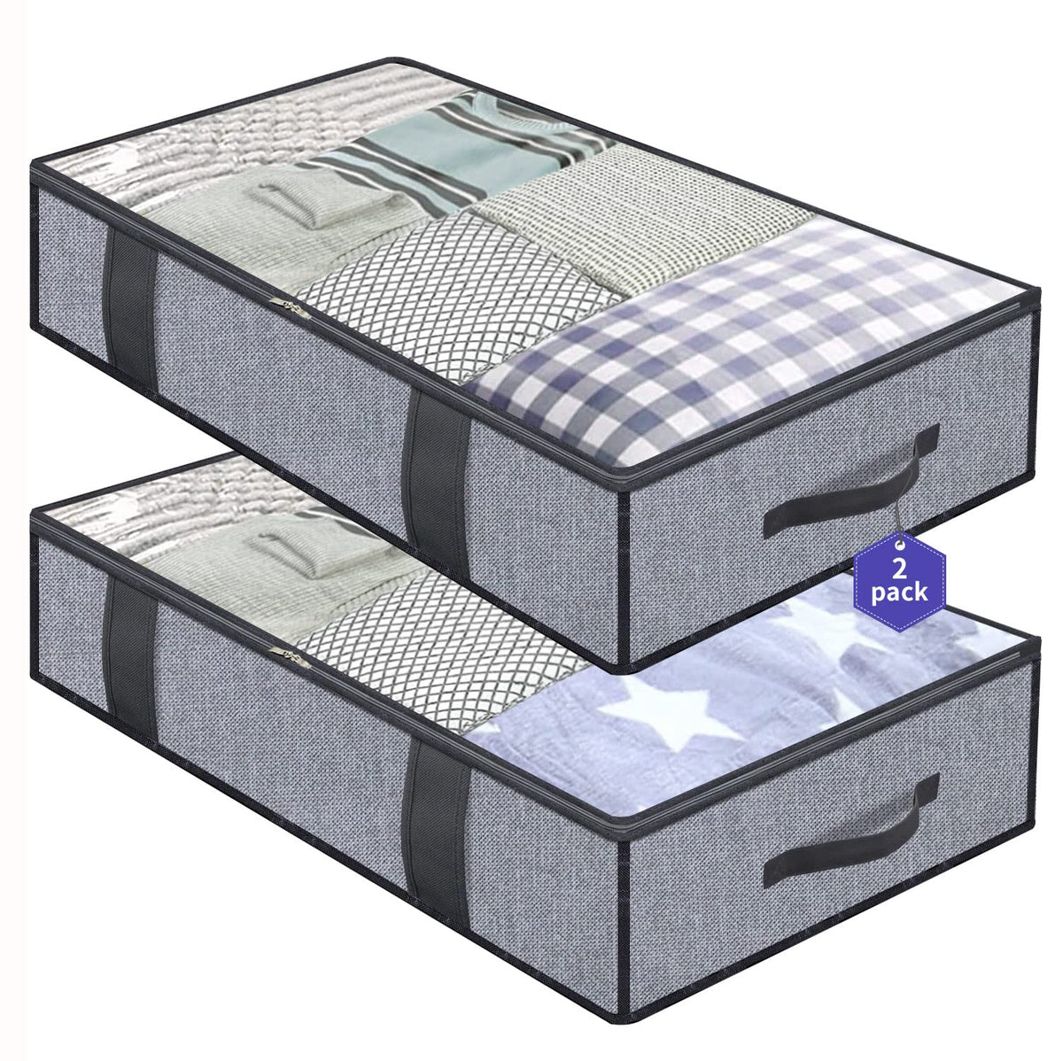Onlyeasy Underbed Storage Bags Organizer, 4 Pack Large Capacity Under Bed Storage Containers with Reinforced Handles, Foldable Fabric Storage Bins with Clear Window, Herringbone Grey, 7MXRUBBP4