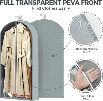 6 Pcs 60" Garment Bags for Hanging Clothes, Clear Suit Bags for Closet Storage Clothing Storage, Garment Bags Shoulder Covers with 4" Gussets for Coats, Jackets, Shirts and Sweater