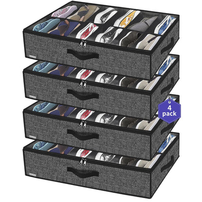 Onlyeasy 2 Pack Under Bed Shoes Storage Bag Organizer (14+4 Pairs), Collapsible Shoe Boot Container with Handles, Underbed Storage Solution for Kids & Adults, 86x60x15cm, Linen-like Black, MXAUBS14S4