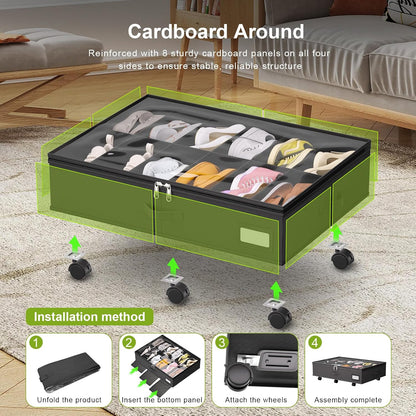 homyfort Under Bed Shoe Storage with Wheels, Fits 24 Pairs, Rolling Shoe Organizer with Bottom Support & Clear Lids, Sturdy Under Bed Storage Box for Shoes, Set of 2, Black