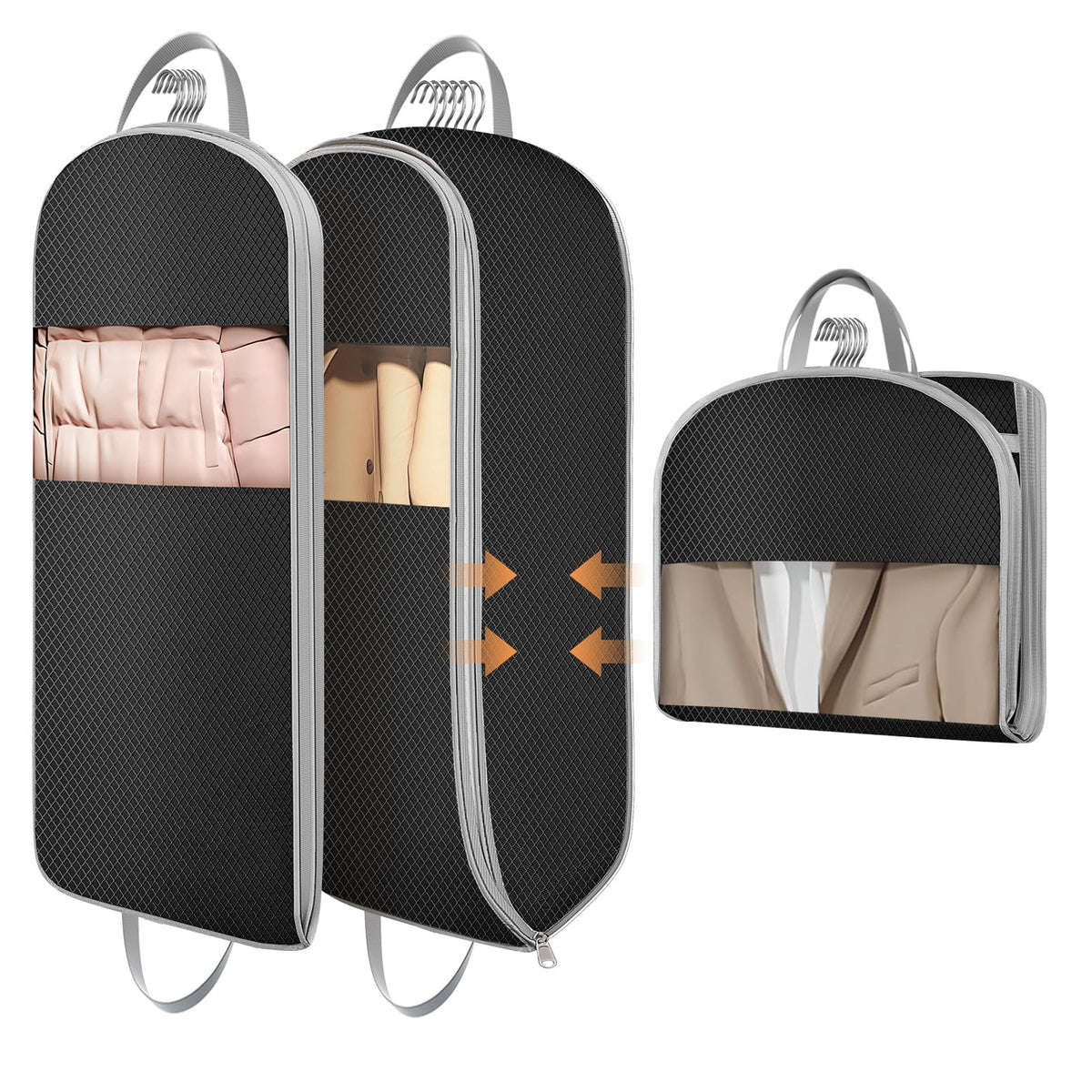 DIMJ 3 Pack 54" Garment Bags for Hanging Clothes - Space Saving Compression Suit Bag Travel with Handles Window, Washable Carry Clothing Storage Cover for Dress, Coats, Down Jacket, Shirts