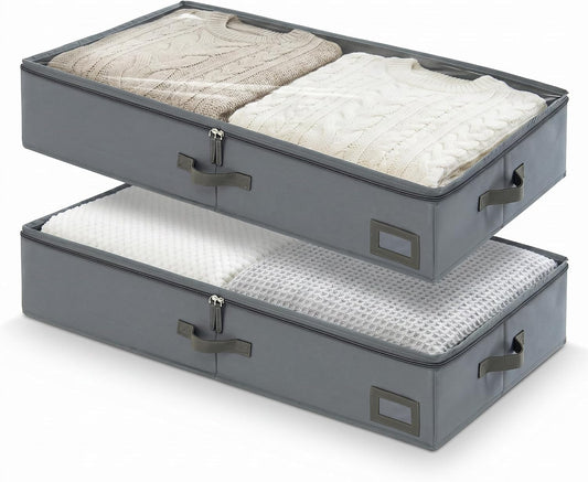 6" Versatile Under Bed Storage Bins (2-Pack, Charcoal Grey), Sturdy 600D Oxford Fabric Clothes Organizer Containers with Matching Vegan Leather Handles for Sweaters, Linens & Bedding