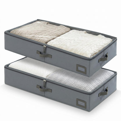 6" Versatile Under Bed Storage Bins (2-Pack, Charcoal Grey), Sturdy 600D Oxford Fabric Clothes Organizer Containers with Matching Vegan Leather Handles for Sweaters, Linens & Bedding