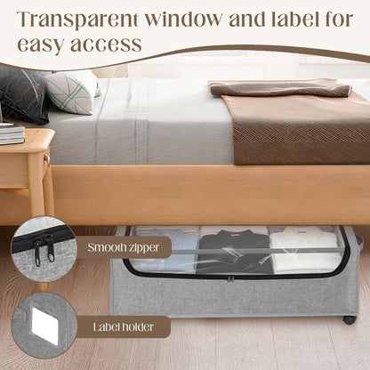Under Bed Storage with Wheels, 2 Pack Under Bed Storage Containers, 10.6 inches Tall Underbed storage bins on Wheels, Rolling Under the Bed Metal Drawers for Clothes, Blankets, Shoes (XXXL, 90L)