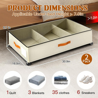 Under Bed Storage with Wheels, Rolling Storage Containers with Clear Lid and Handles for Clothes, Shoes, Blankets, Pillows, Toys, Books, Bags (60L, 30.9 x 16.9 x 6.7in, Beige, 2 Pack)