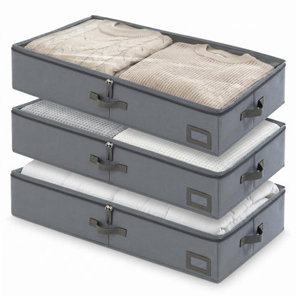 6" Versatile Under Bed Storage Bins (2-Pack, Charcoal Grey), Sturdy 600D Oxford Fabric Clothes Organizer Containers with Matching Vegan Leather Handles for Sweaters, Linens & Bedding