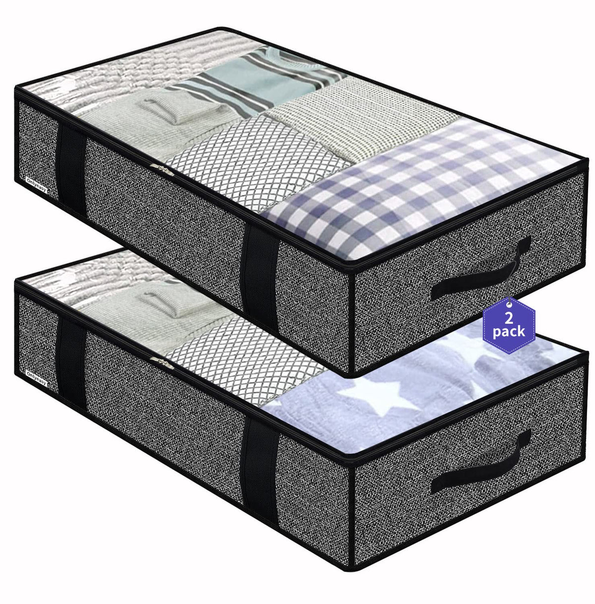 Onlyeasy Foldable Underbed Bags 2 Pack - Blankets Clothes Comforters Storage Bag Breathable Zippered Organizer for Bedroom with Clear Window and 4 Handles, 39.4x19.7x5.9 in, Linen-like Grey, MXDUBBP2