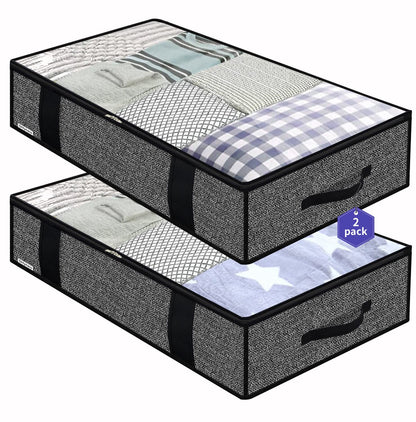 Onlyeasy Foldable Underbed Bags 2 Pack - Blankets Clothes Comforters Storage Bag Breathable Zippered Organizer for Bedroom with Clear Window and 4 Handles, 39.4x19.7x5.9 in, Linen-like Grey, MXDUBBP2
