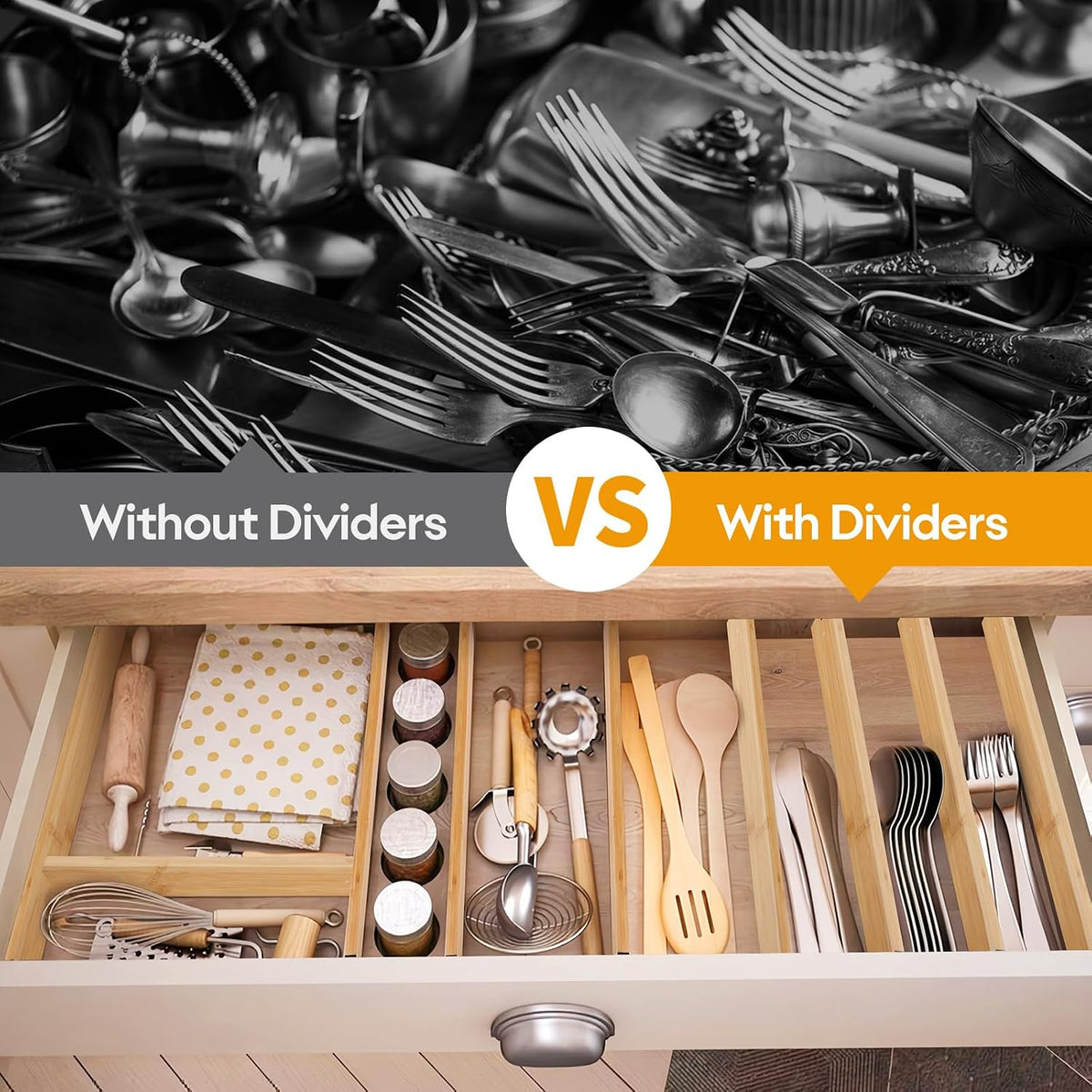 Bamboo Drawer Dividers Organizers, Kitchen Drawer Dividers for Clothes, Adjustable Drawer Separators for Dresser, Bedroom, Bathroom, Office, 4 Pack, 17“-22”