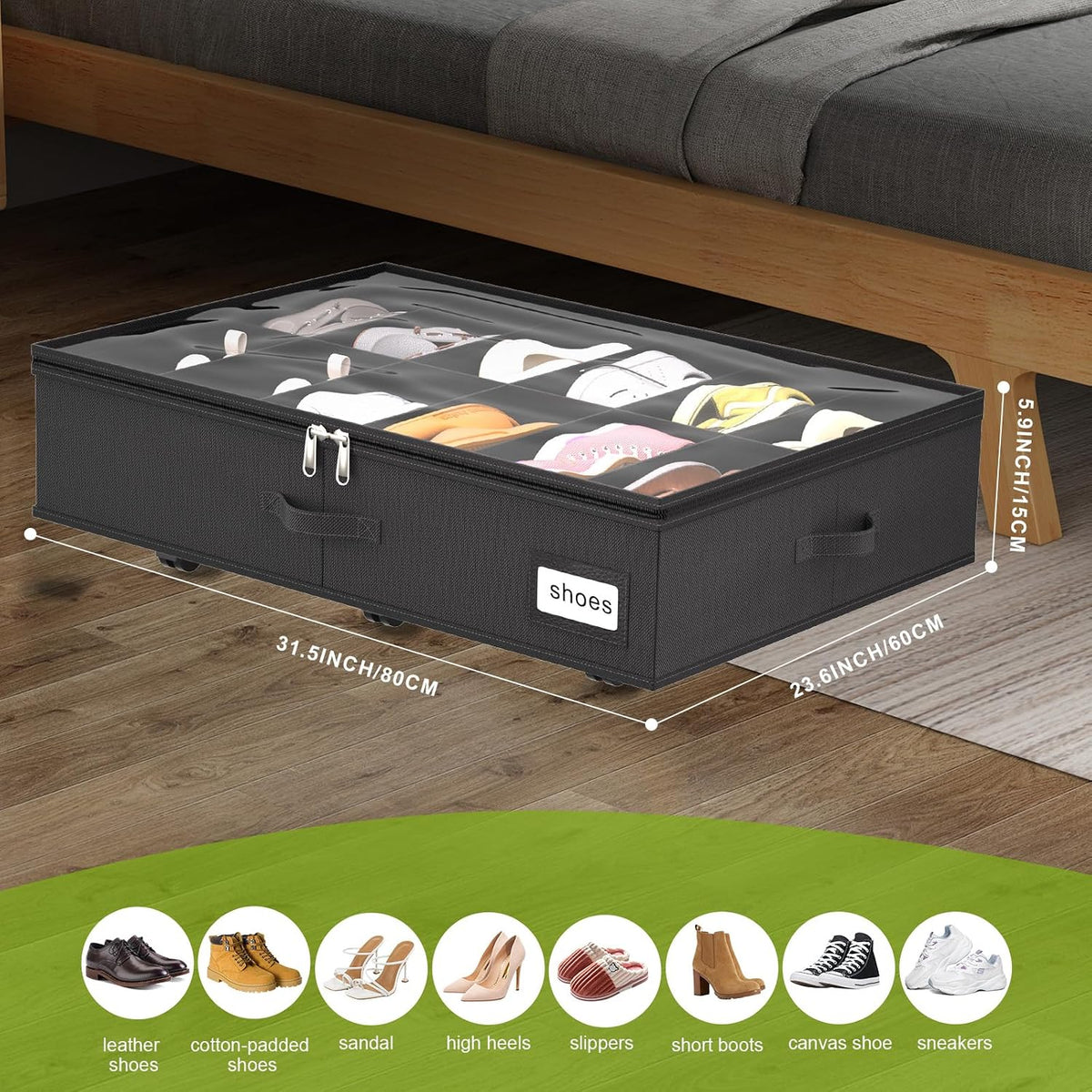 homyfort Under Bed Shoe Storage with Wheels, Fits 24 Pairs, Rolling Shoe Organizer with Bottom Support & Clear Lids, Sturdy Under Bed Storage Box for Shoes, Set of 2, Black