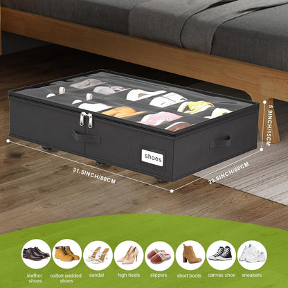 homyfort Under Bed Shoe Storage with Wheels, Fits 24 Pairs, Rolling Shoe Organizer with Bottom Support & Clear Lids, Sturdy Under Bed Storage Box for Shoes, Set of 2, Black