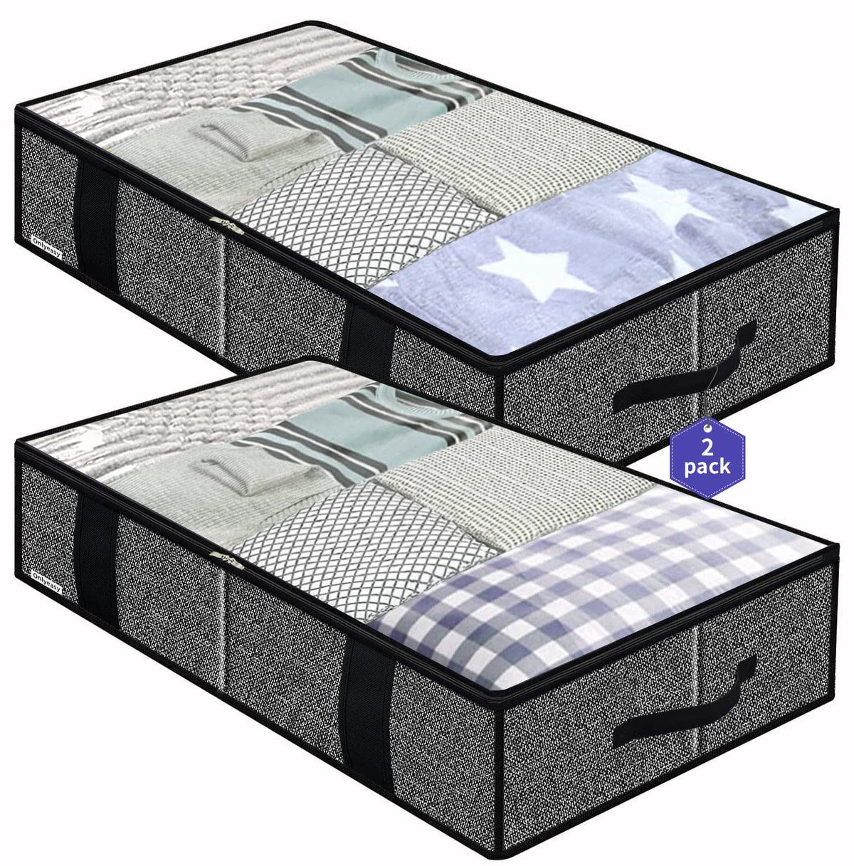 Onlyeasy Underbed Storage Bags Organizer, 4 Pack Large Capacity Under Bed Storage Containers with Reinforced Handles, Foldable Fabric Storage Bins with Clear Window, Herringbone Grey, 7MXRUBBP4