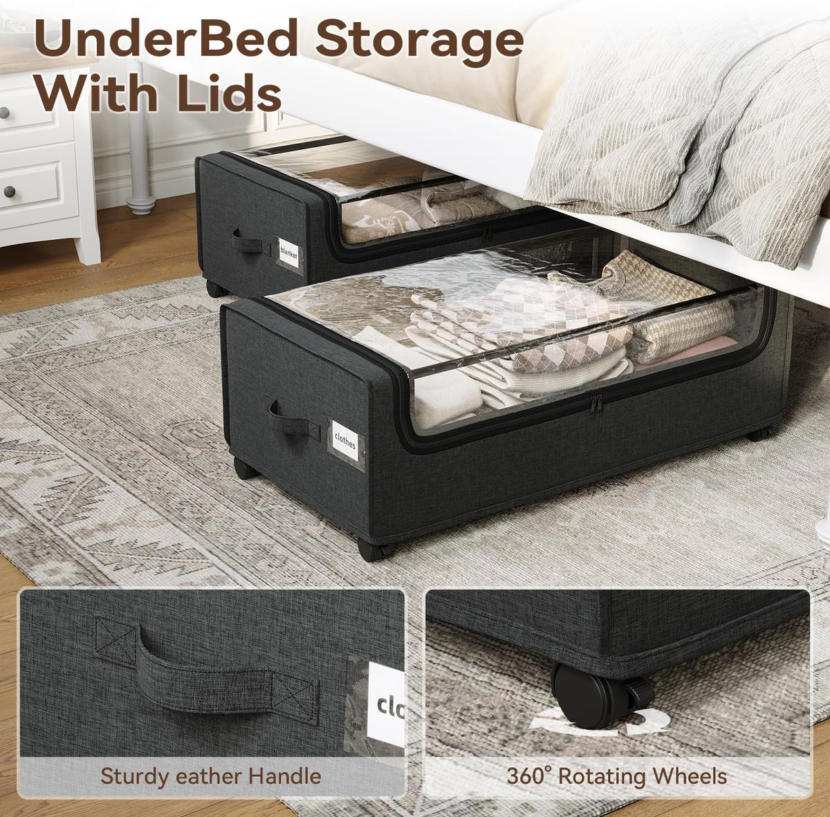 Under Bed Storage, Tall Size Under Bed Storage With Wheels, Under bed Shoe Storage, Metal Frame, 90L Capacity, Storage Drawers for Bedroom