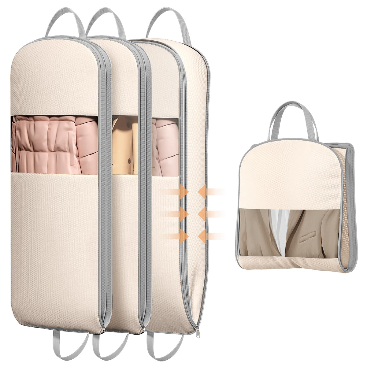 DIMJ 3 Pack 54" Garment Bags for Hanging Clothes - Space Saving Compression Suit Bag Travel with Handles Window, Washable Carry Clothing Storage Cover for Dress, Coats, Down Jacket, Shirts