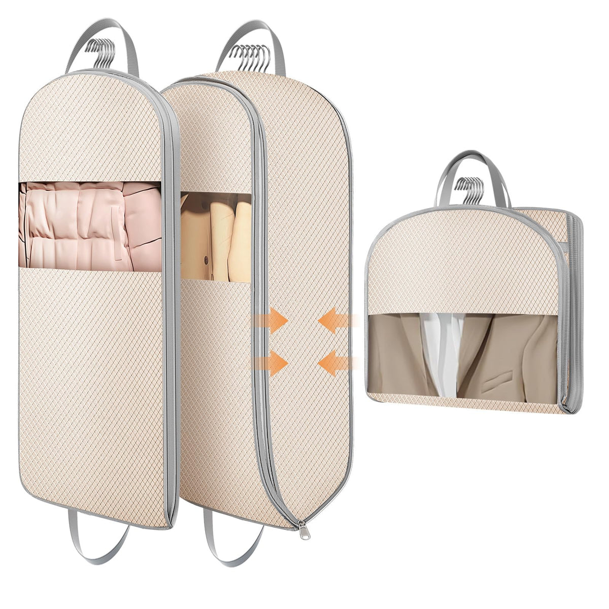 DIMJ 3 Pack 54" Garment Bags for Hanging Clothes - Space Saving Compression Suit Bag Travel with Handles Window, Washable Carry Clothing Storage Cover for Dress, Coats, Down Jacket, Shirts