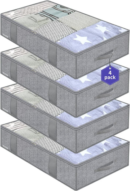 Onlyeasy Underbed Storage Bags Organizer, 4 Pack Large Capacity Under Bed Storage Containers with Reinforced Handles, Foldable Fabric Storage Bins with Clear Window, Herringbone Grey, 7MXRUBBP4