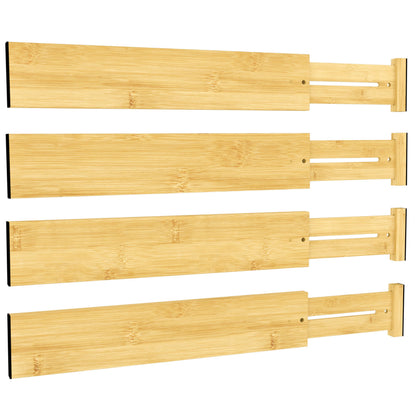 BAMEOS Bamboo Expandable Drawer Dividers – Fits 16.6"–22" Drawers, 2" High, Set of 4 | Spring-Loaded Bamboo Separator for Kitchen Island, Bathroom Vanity & Dresser Drawers