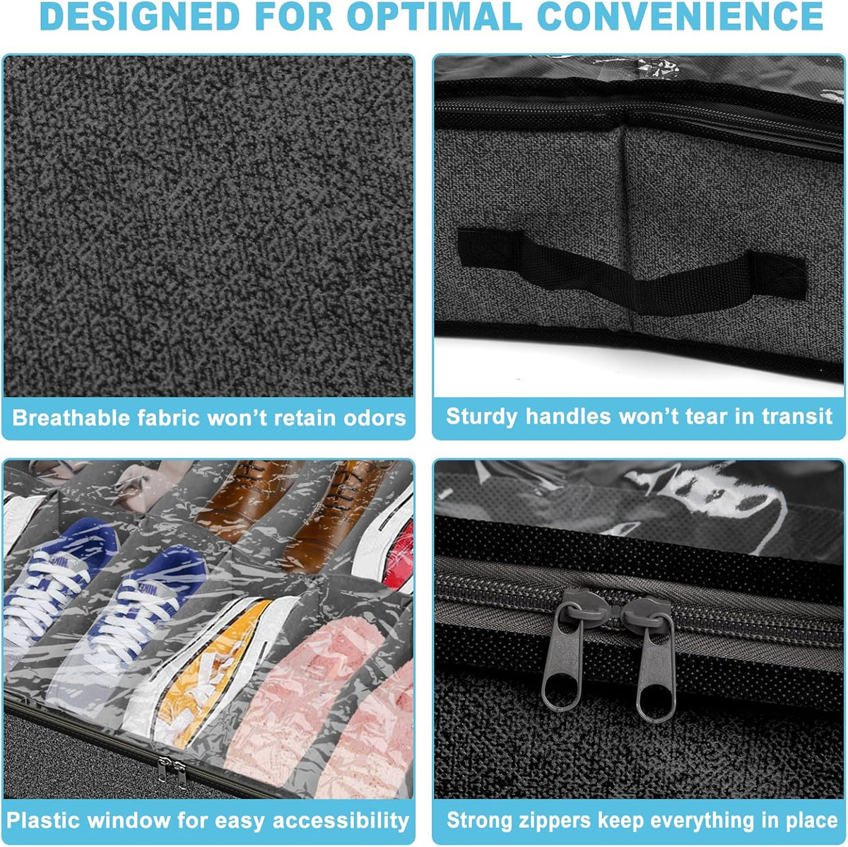 Under Bed Shoe Storage Organizer for Closet, 32 Pairs Sturdy Underbed Shoe Storage Boxes Bins Container Foldable Shoes Storage with Reinforced Handles & Clear Window for College Dorms Grey, Set of 2