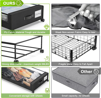 Beborxue Under Bed Storage with Wheels, 2-Pack, Black