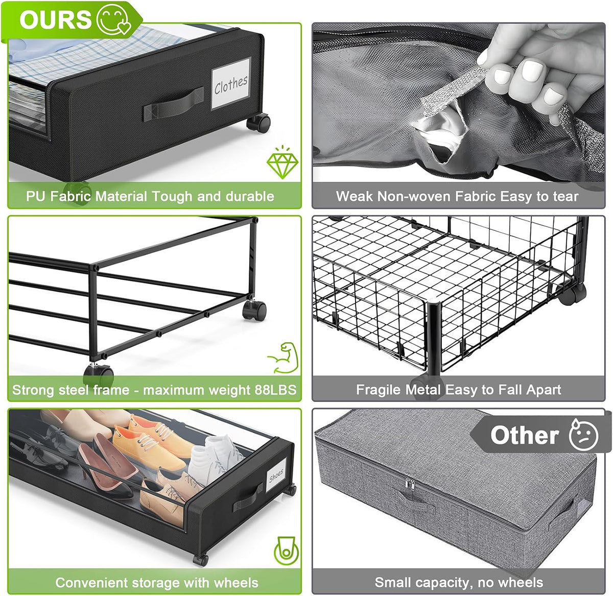 Beborxue Under Bed Storage with Wheels, 2-Pack, Black