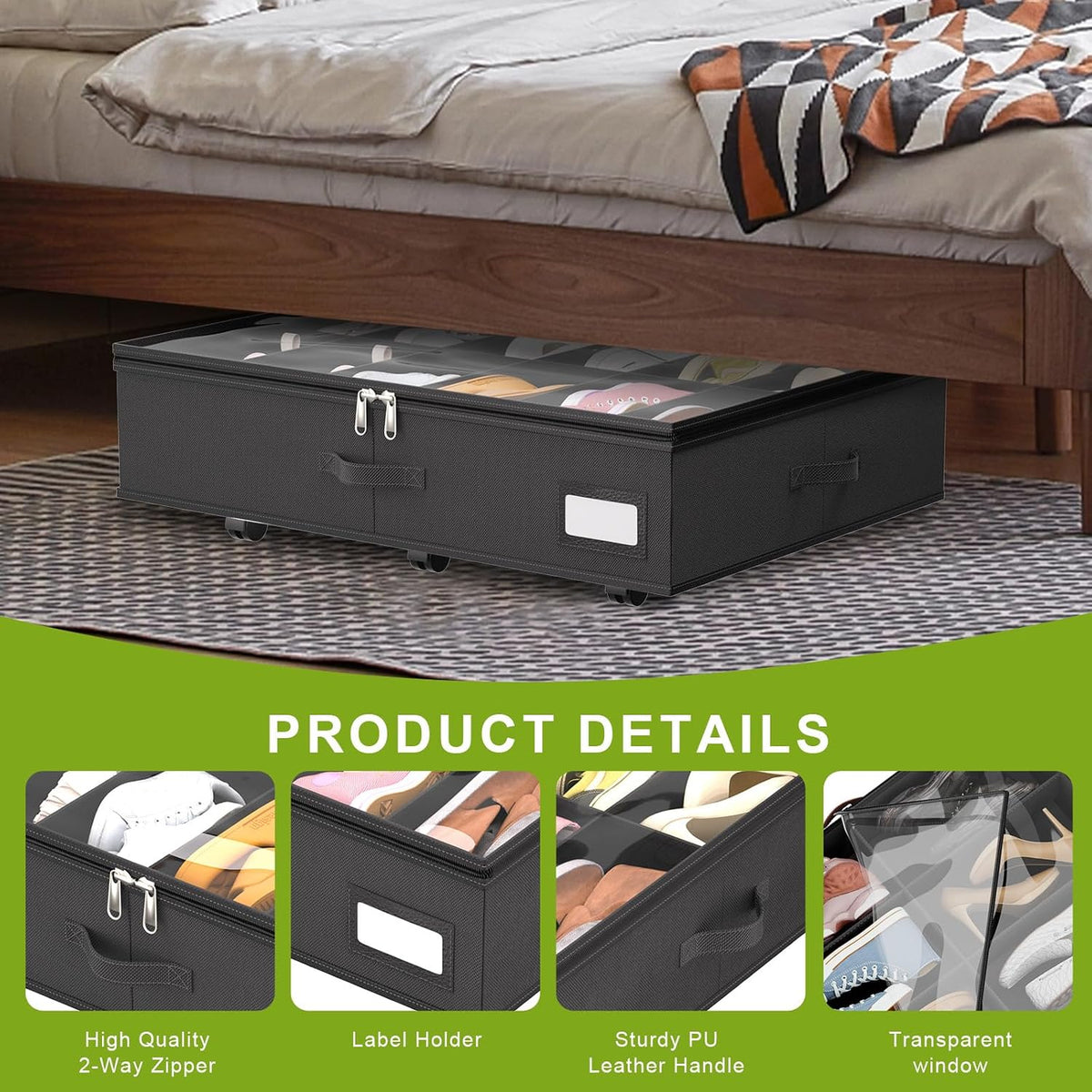 homyfort Under Bed Shoe Storage with Wheels, Fits 24 Pairs, Rolling Shoe Organizer with Bottom Support & Clear Lids, Sturdy Under Bed Storage Box for Shoes, Set of 2, Black