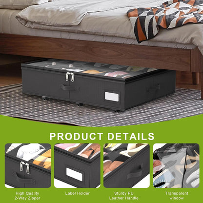 homyfort Under Bed Shoe Storage with Wheels, Fits 24 Pairs, Rolling Shoe Organizer with Bottom Support & Clear Lids, Sturdy Under Bed Storage Box for Shoes, Set of 2, Black