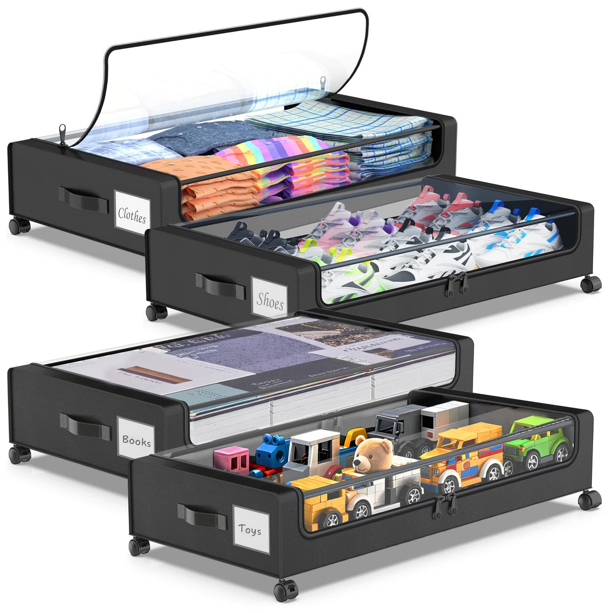 Beborxue Under Bed Storage with Wheels, 2-Pack, Black
