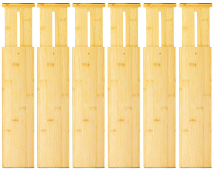 VaeFae 6-Pack Adjustable Bamboo Drawer Dividers, Expandable Drawer Organizer for Kitchen Utensils, Clothes, Bathroom, Office – Fits Drawer Interiors 16.6" to 21.8"