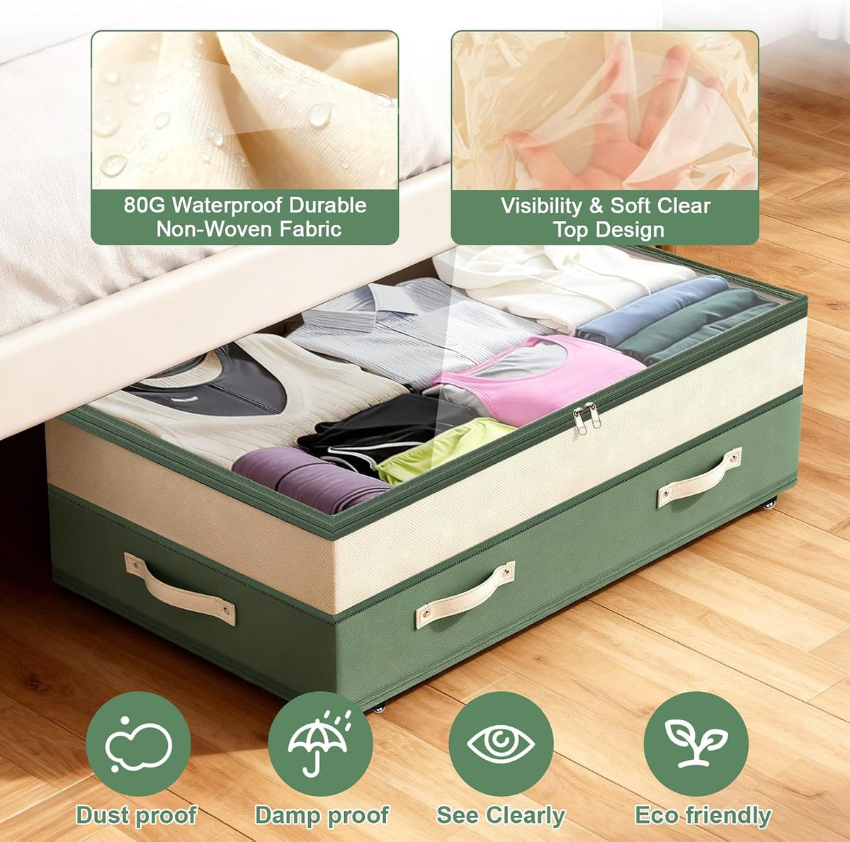 Dolicer 2 Pack Under Bed Storage with Wheels, 6in-10in Height Adjustable Underbed Storage Containers, 92L XXXL Under Bed Drawers Rolling Bin with Clear Lids for Dorm Shoes Clothes Organizers(Green)