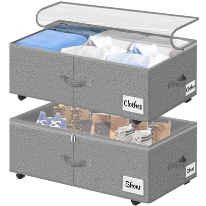 Under Bed Storage with Wheels, 2-Pack 10" Height XXL 75L Rolling Storage Bins, Quick Assembly Underbed Shoe Storage Containers with Clear Lid & Label, Dorm Under Bed Drawers for Clothes, Shoes, Black