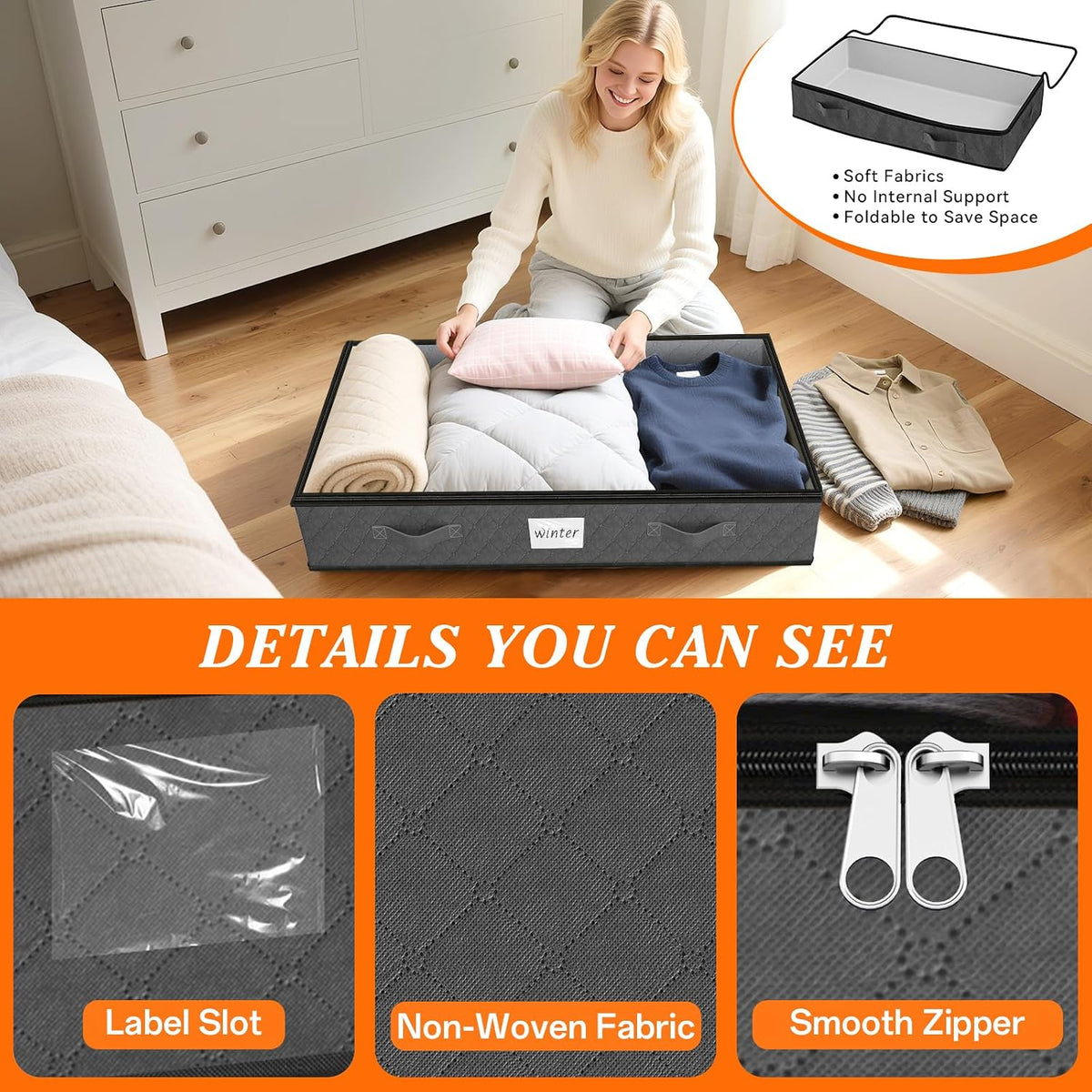 90L Under Bed Storage Containers, Storage Bags, Organizer, 4-Pack, Gray
