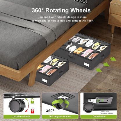 homyfort Under Bed Shoe Storage with Wheels, Fits 24 Pairs, Rolling Shoe Organizer with Bottom Support & Clear Lids, Sturdy Under Bed Storage Box for Shoes, Set of 2, Black