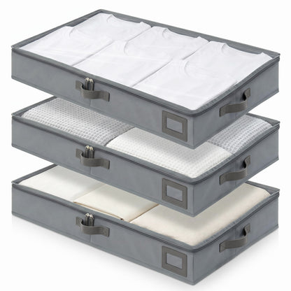 6" Versatile Under Bed Storage Bins (2-Pack, Charcoal Grey), Sturdy 600D Oxford Fabric Clothes Organizer Containers with Matching Vegan Leather Handles for Sweaters, Linens & Bedding