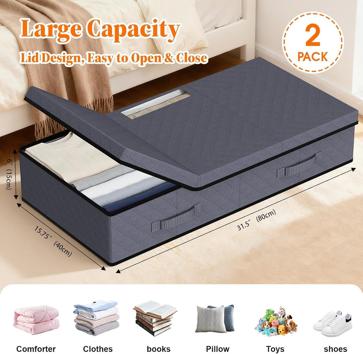 StoreHappily Under Bed Storage Containers with Lids, 2 Pack Foldable Grey