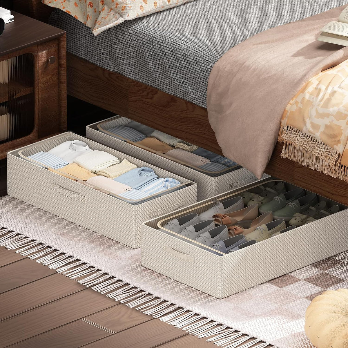 CYhom 3Pcs Under Bed Storage Bins with Metal Frame - Shoe Organizer for Closet with Clear Cover Oxford Fabric Sturdy Underbed Container Foldable Stackable Clothes Organizer (Beige, 23.5x11.8x6.3)