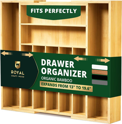 ROYAL CRAFT WOOD Luxury Bamboo Kitchen Drawer Organizer for Kitchen Organization - Silverware Organizer, Utensil Holder & Cutlery Tray Drawer Dividers for Flatware Silverware Storage, 9 Slot, Natural