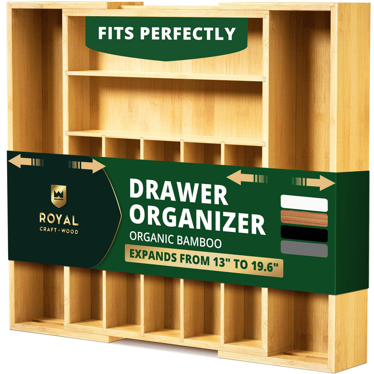 ROYAL CRAFT WOOD Luxury Bamboo Kitchen Drawer Organizer for Kitchen Organization - Silverware Organizer, Utensil Holder & Cutlery Tray Drawer Dividers for Flatware Silverware Storage, 9 Slot, Natural