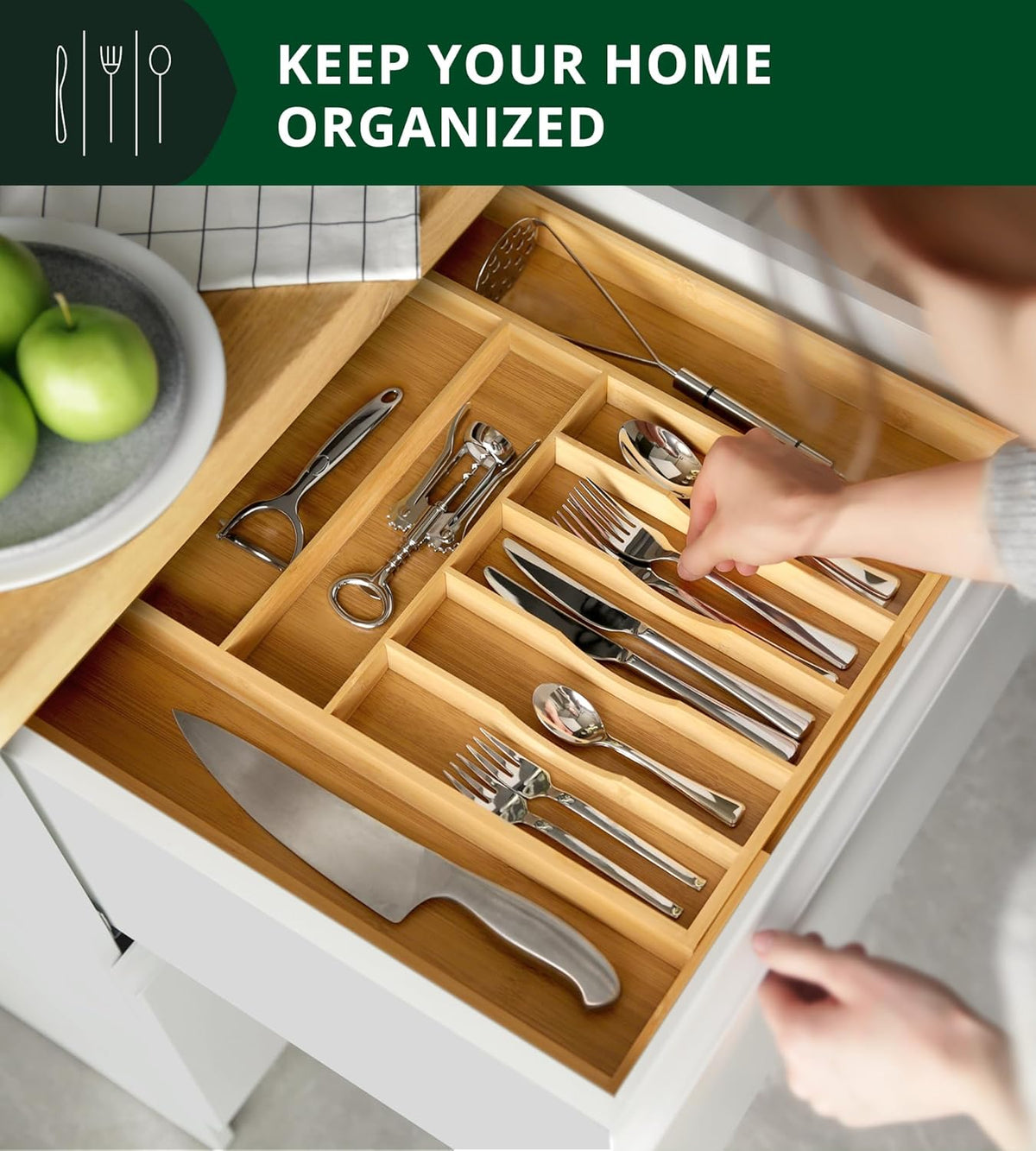 ROYAL CRAFT WOOD Luxury Bamboo Kitchen Drawer Organizer for Kitchen Organization - Silverware Organizer, Utensil Holder & Cutlery Tray Drawer Dividers for Flatware Silverware Storage, 9 Slot, Natural